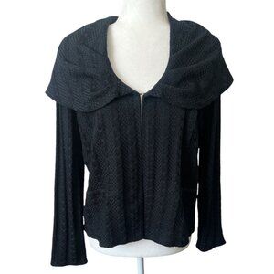 Ming Wang Black Hook Front Pointelle Long Sleeve Cardigan Jacket Large